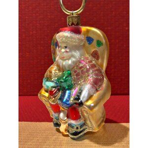 Hand-Painted Blown Glass Santa Claus Ornament Sitting In Chair With Glitter Deta